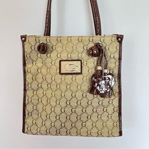 Vintage Beige & Brown Monogram Tote Bag with Tassel Charm
